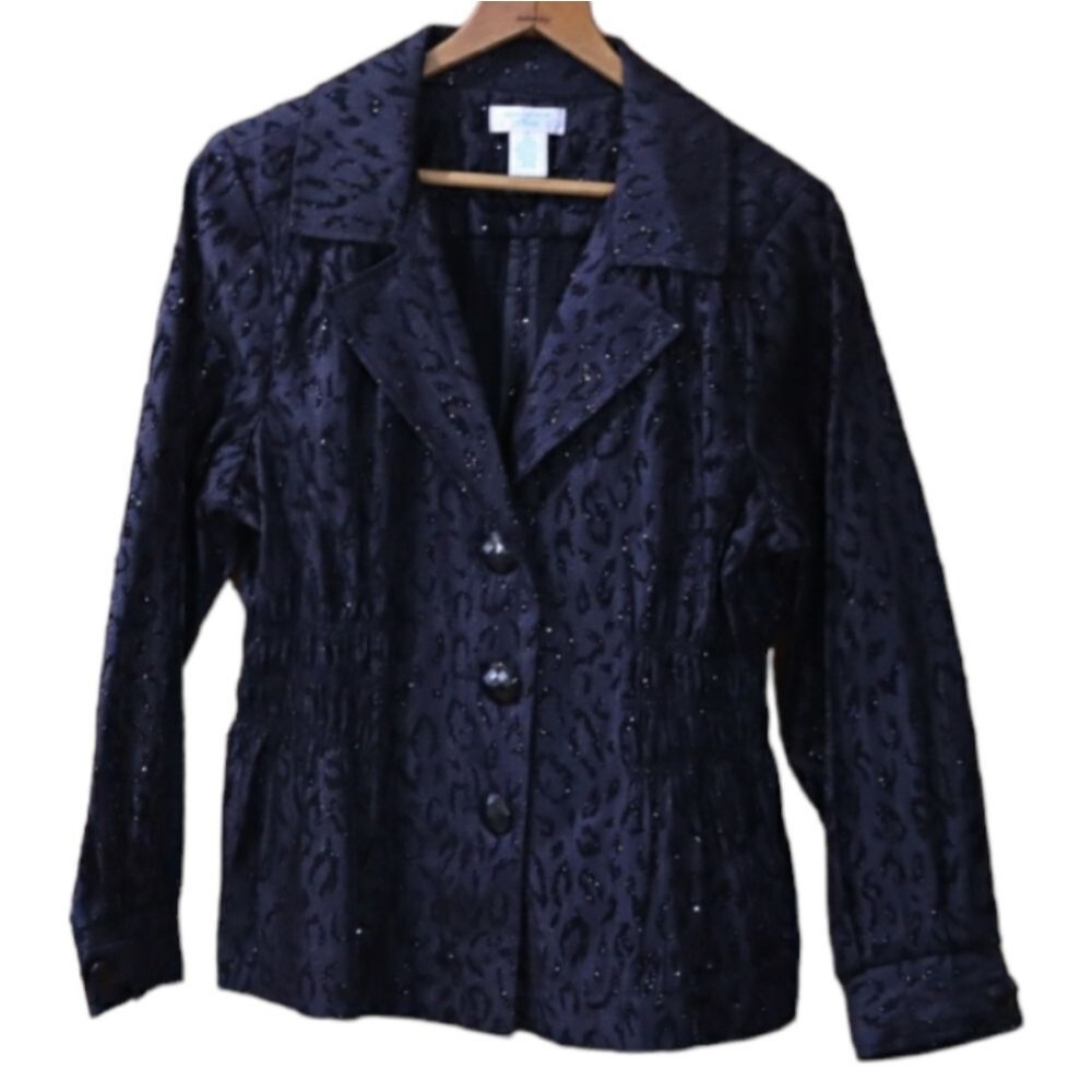 Laura Ashley Vintage Black Animal Print Sparkly Blazer Jacket PL